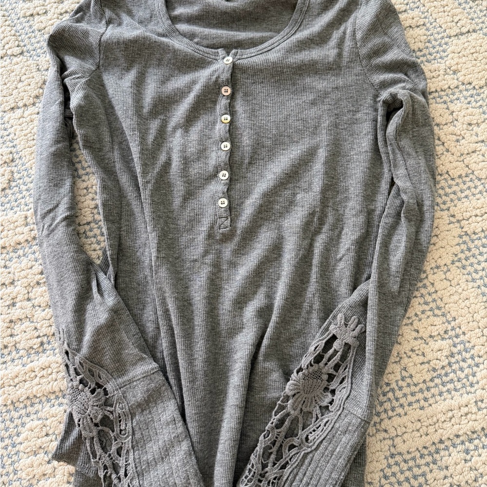 PJ Salvage Charcoal Long Sleeve Top with Lace Accents